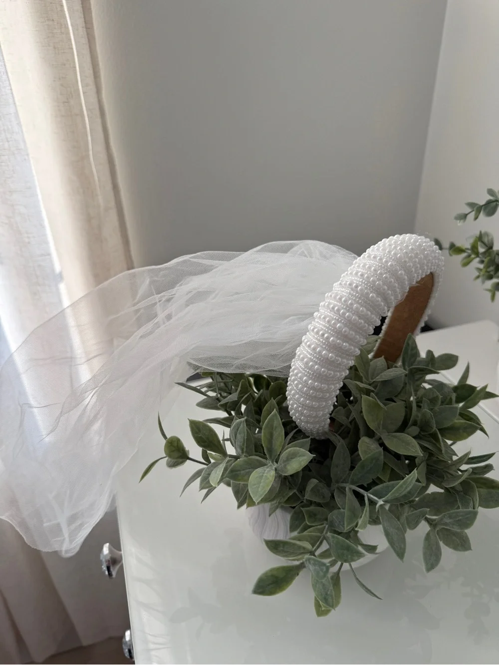 White Beaded Pearl Headband with Veil